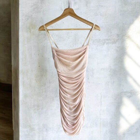 Free People Dresses & Skirts - Cream Ruched Mini Dress Back Tie Stretch Boutique Bali Resort Coquette